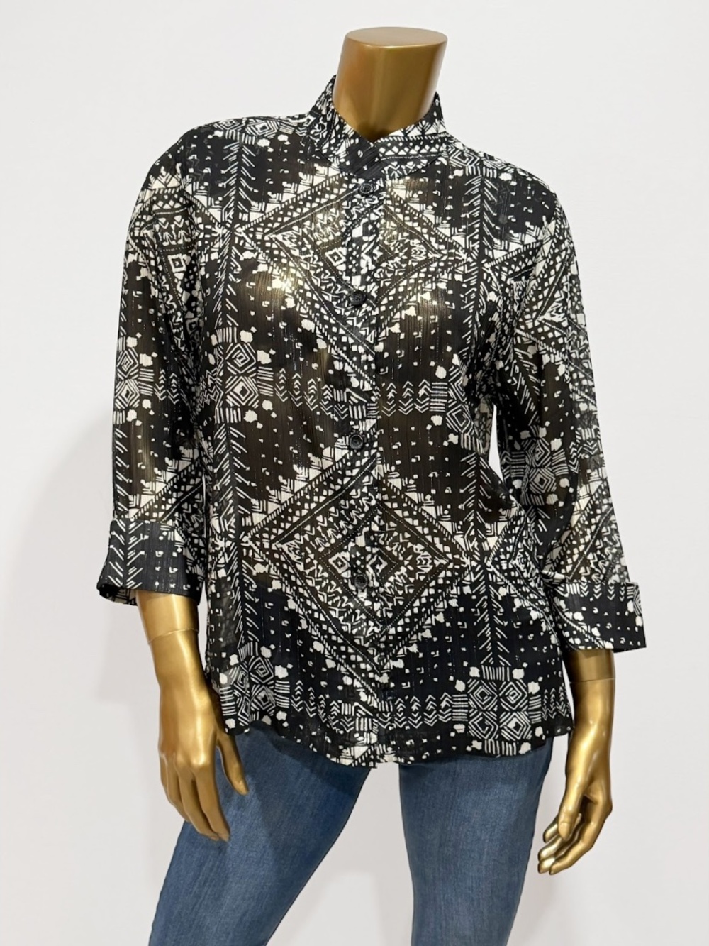 Drapers & Damons Women's Black & White Geo Print Sheer 3/4 Sleeve Blouse Size M